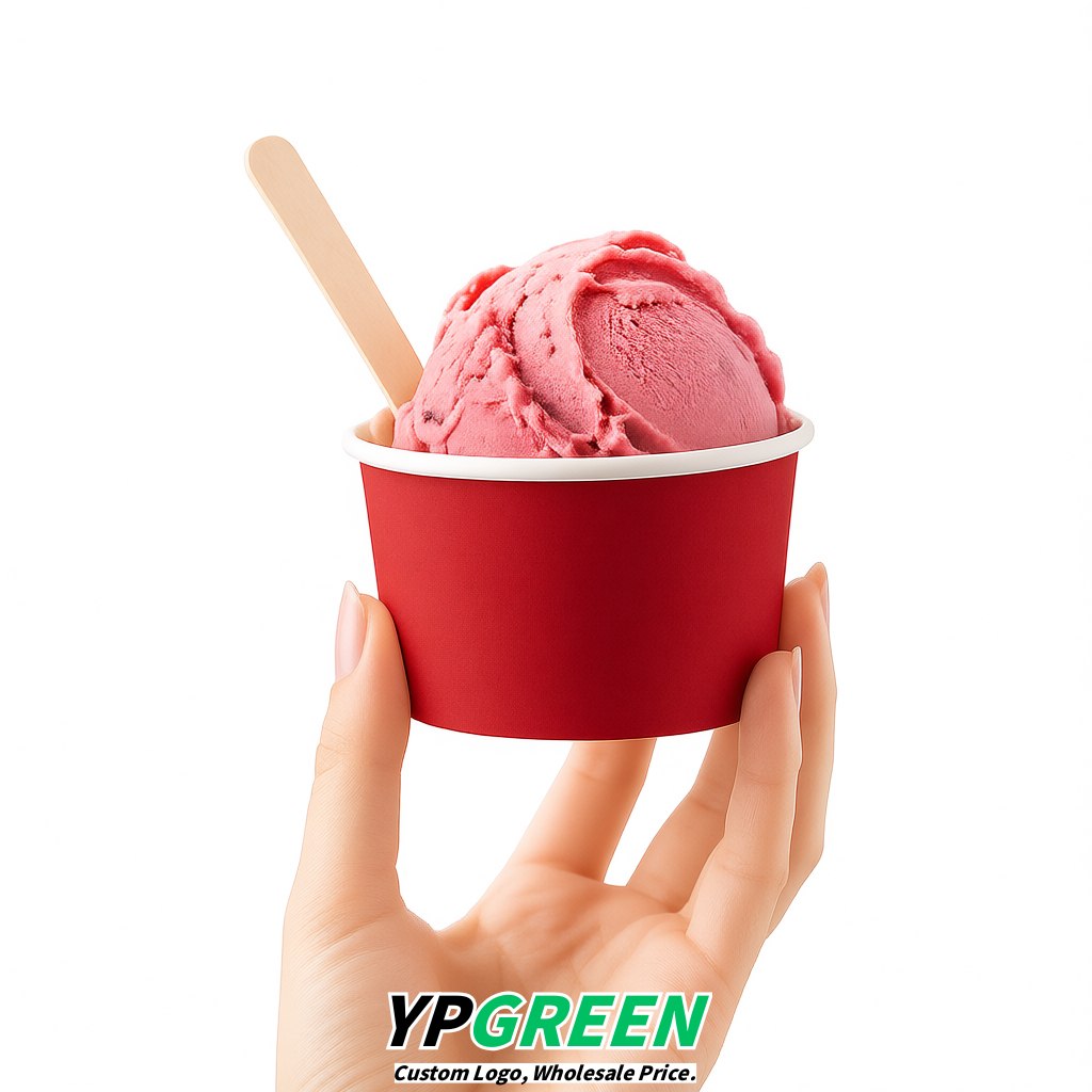Matte Red Paper Gelato Takeaway Cup 2-10oz Disposable Ice Cream Bowls with Lids Factory