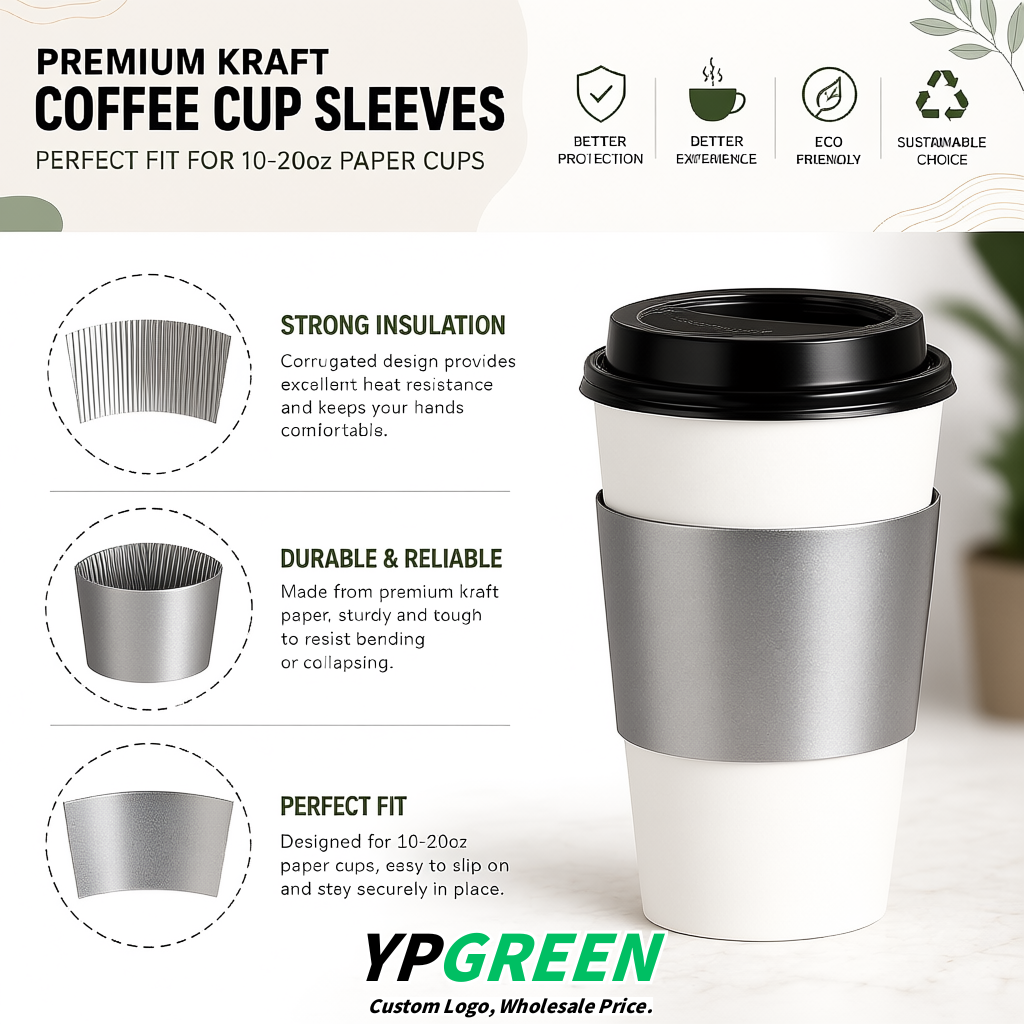 Metallic Kraft Paper Coffee Cup Sleeves For 10, 12, 16, 20 oz Paper & Plastic Cups Factory