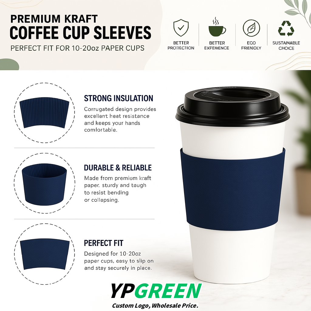 Navy Blue Kraft Paper Coffee Cup Sleeves For 10, 12, 16, 20 oz Paper & Plastic Cups Factory