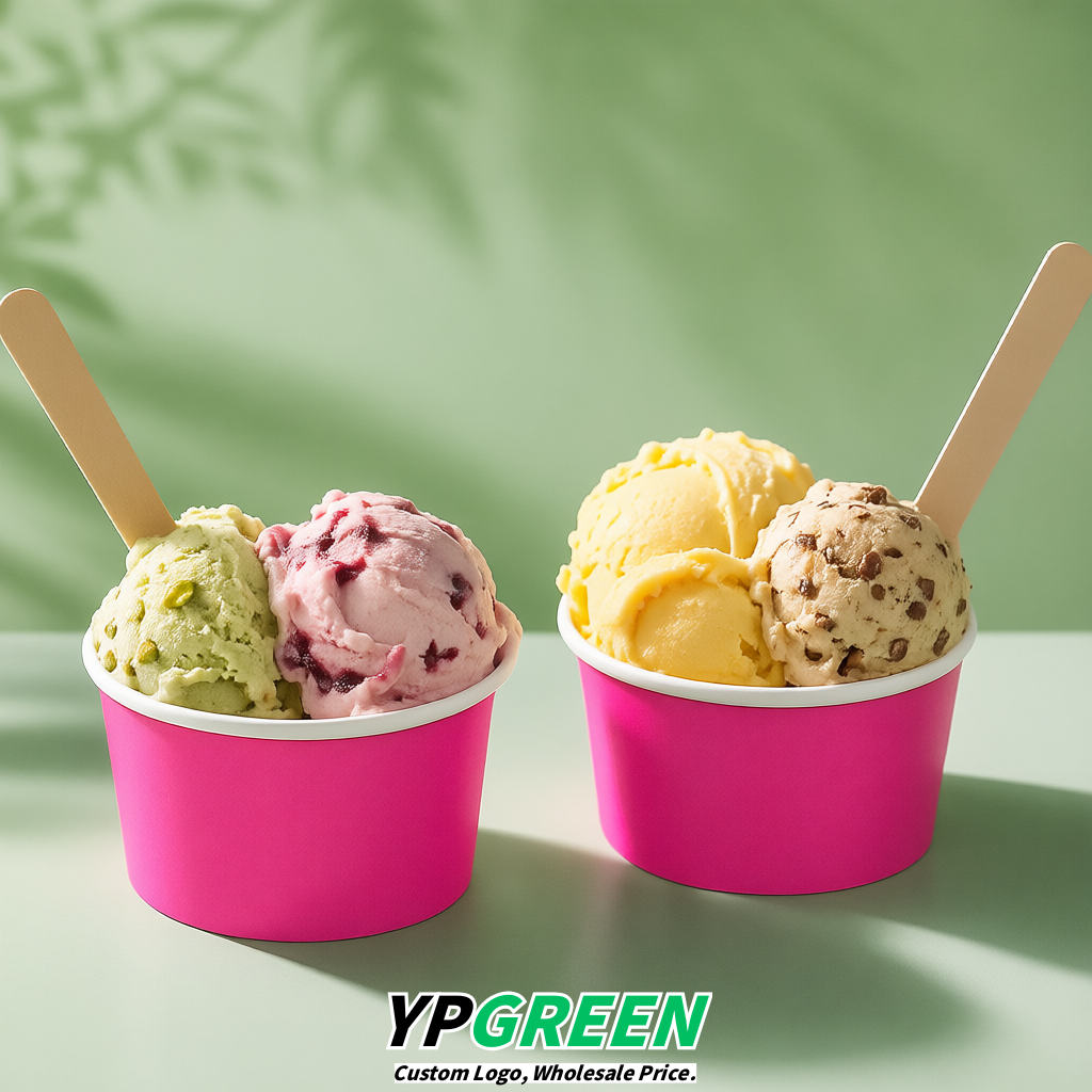 Neon Pink Paper Gelato Takeaway Cup 2-10oz Disposable Ice Cream Bowls with Lids Factory