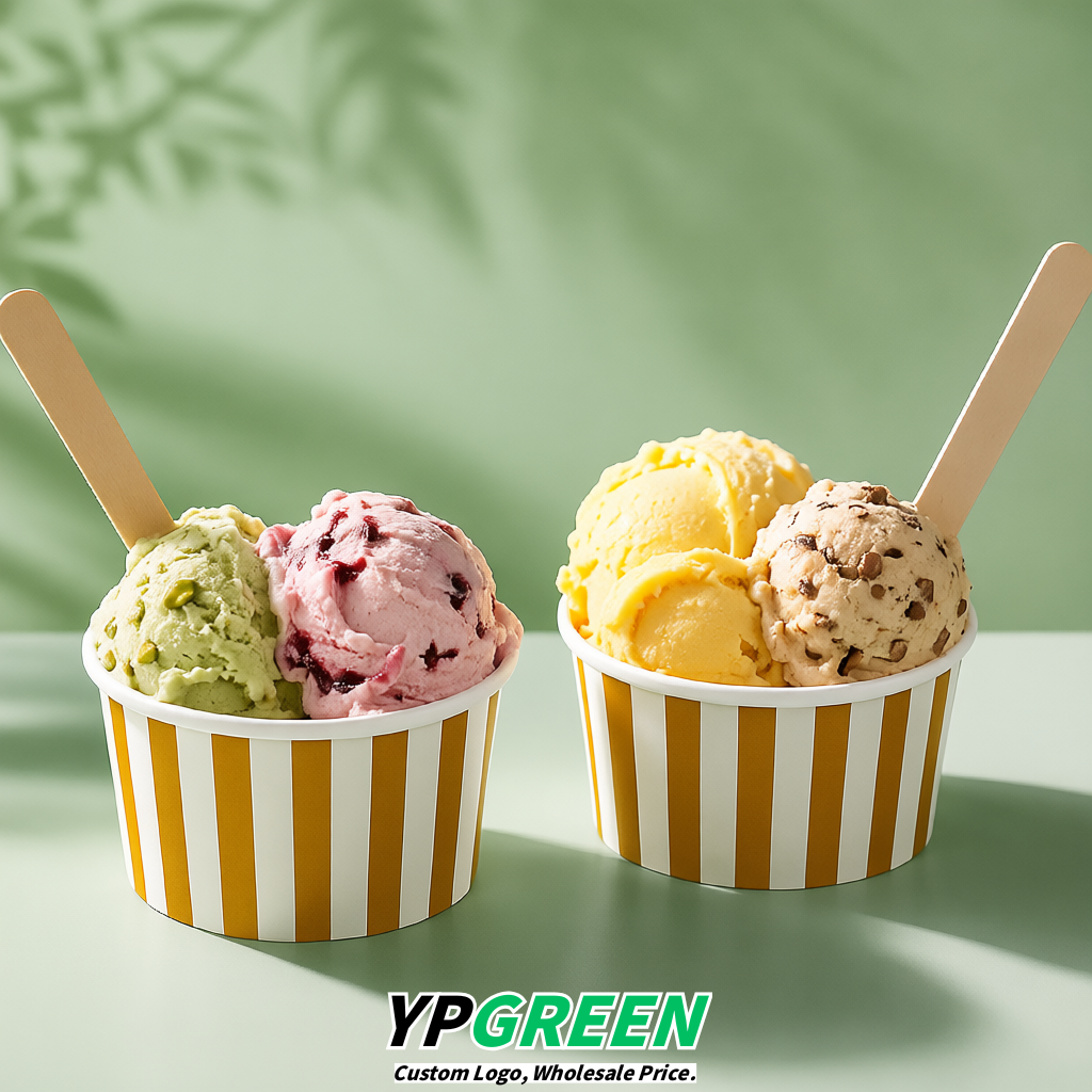 Ochre Paper Gelato Takeaway Cup 2-10oz Disposable Ice Cream Bowls with Lids Factory