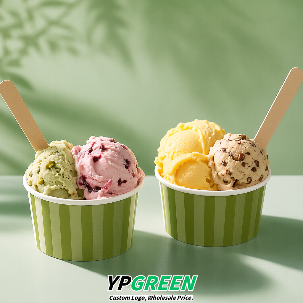 Olive Green Paper Gelato Takeaway Cup 2-10oz Disposable Ice Cream Bowls with Lids Factory