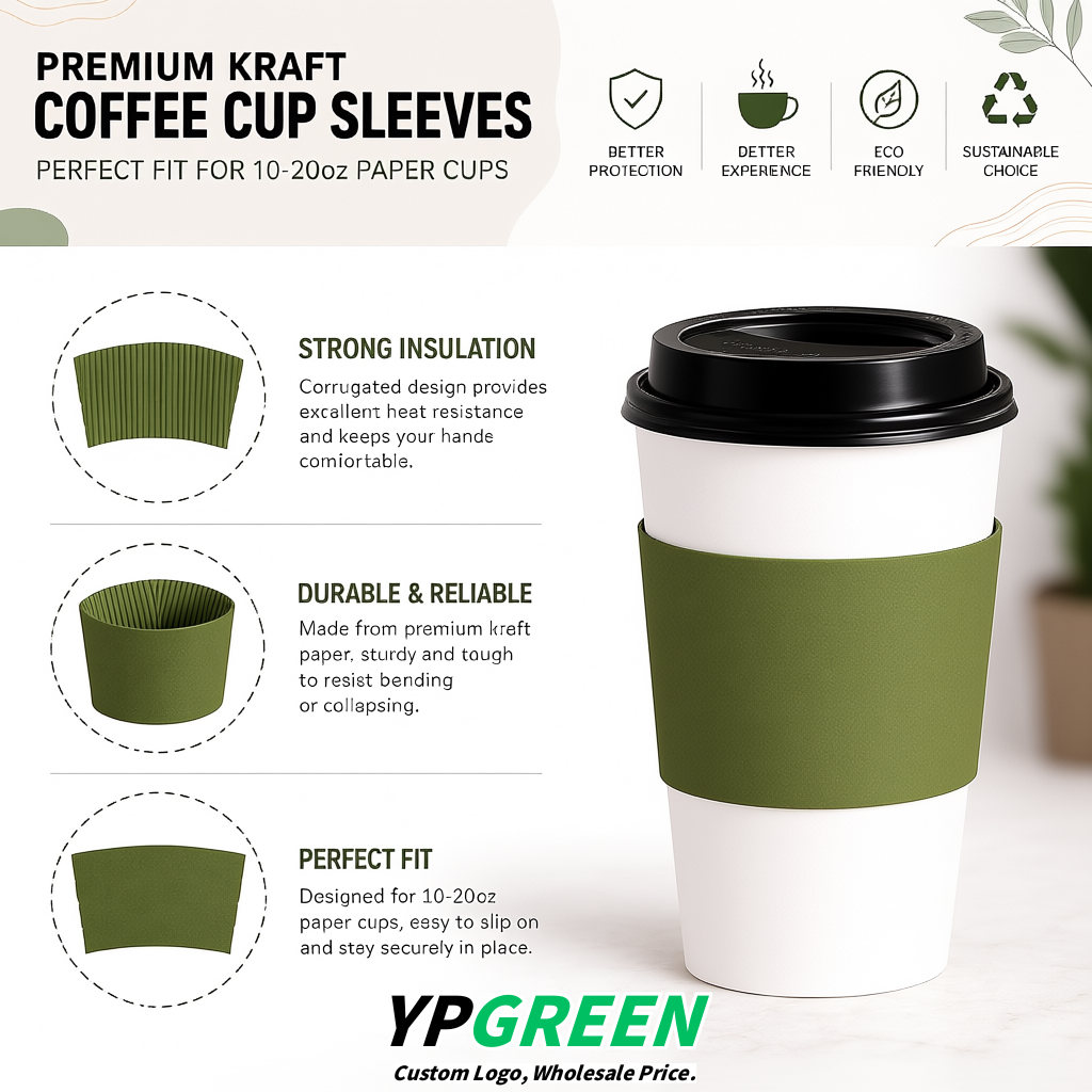 Olive Green Kraft Paper Coffee Cup Sleeves For 10, 12, 16, 20 oz Paper & Plastic Cups Factory