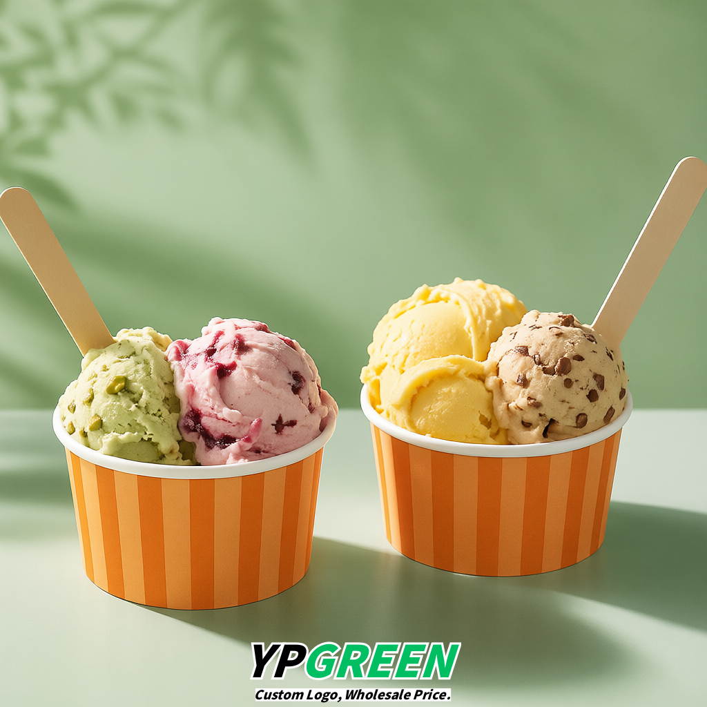 Orange Paper Gelato Takeaway Cup 2-10oz Disposable Ice Cream Bowls with Lids Factory