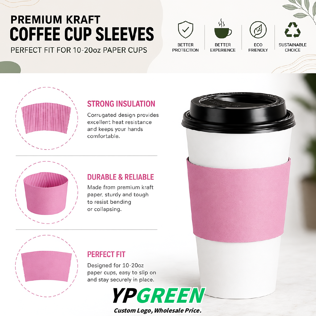 Pink Kraft Paper Coffee Cup Sleeves For 10, 12, 16, 20 oz Paper & Plastic Cups Factory