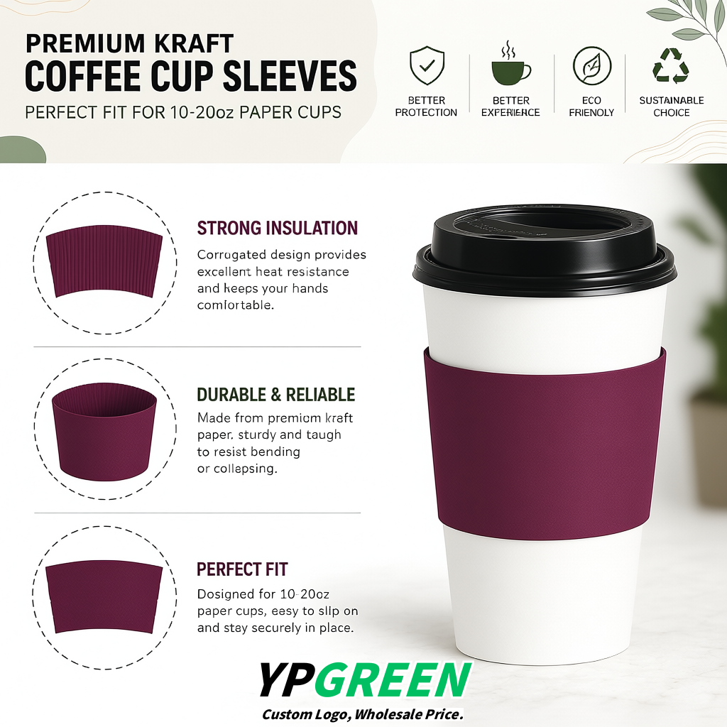 Plum Kraft Paper Coffee Cup Sleeves For 10, 12, 16, 20 oz Paper & Plastic Cups Factory