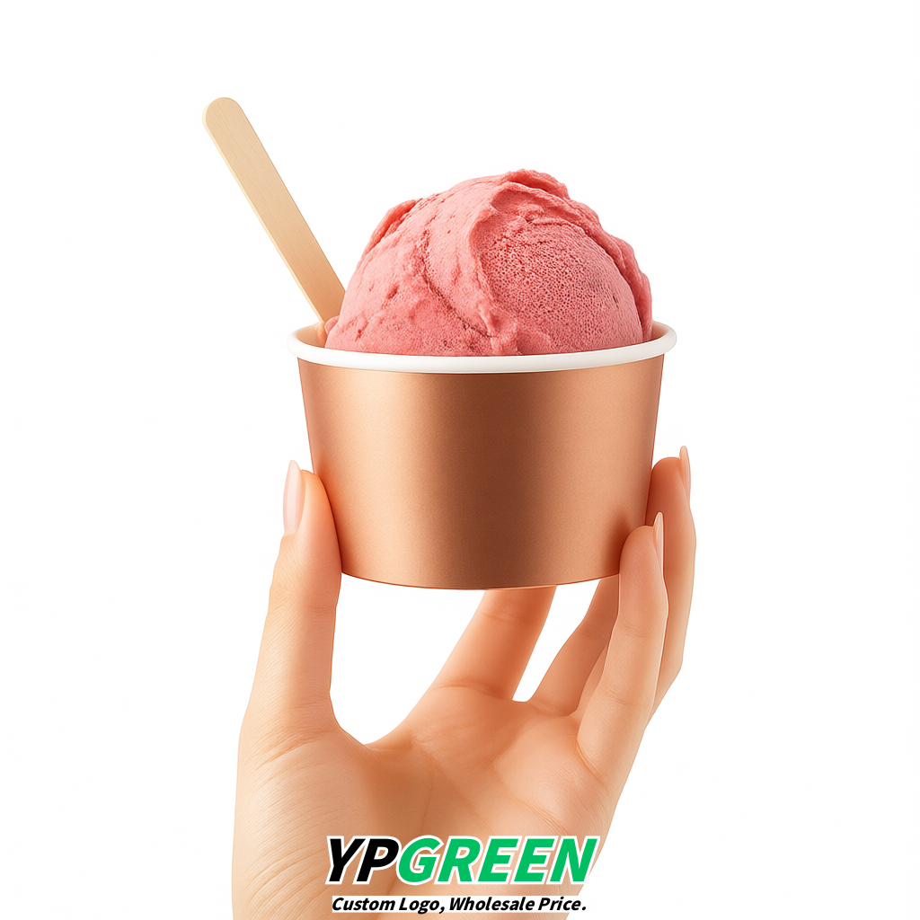 Rose Gold Paper Gelato Takeaway Cup 2-10oz Disposable Ice Cream Bowls with Lids Factory