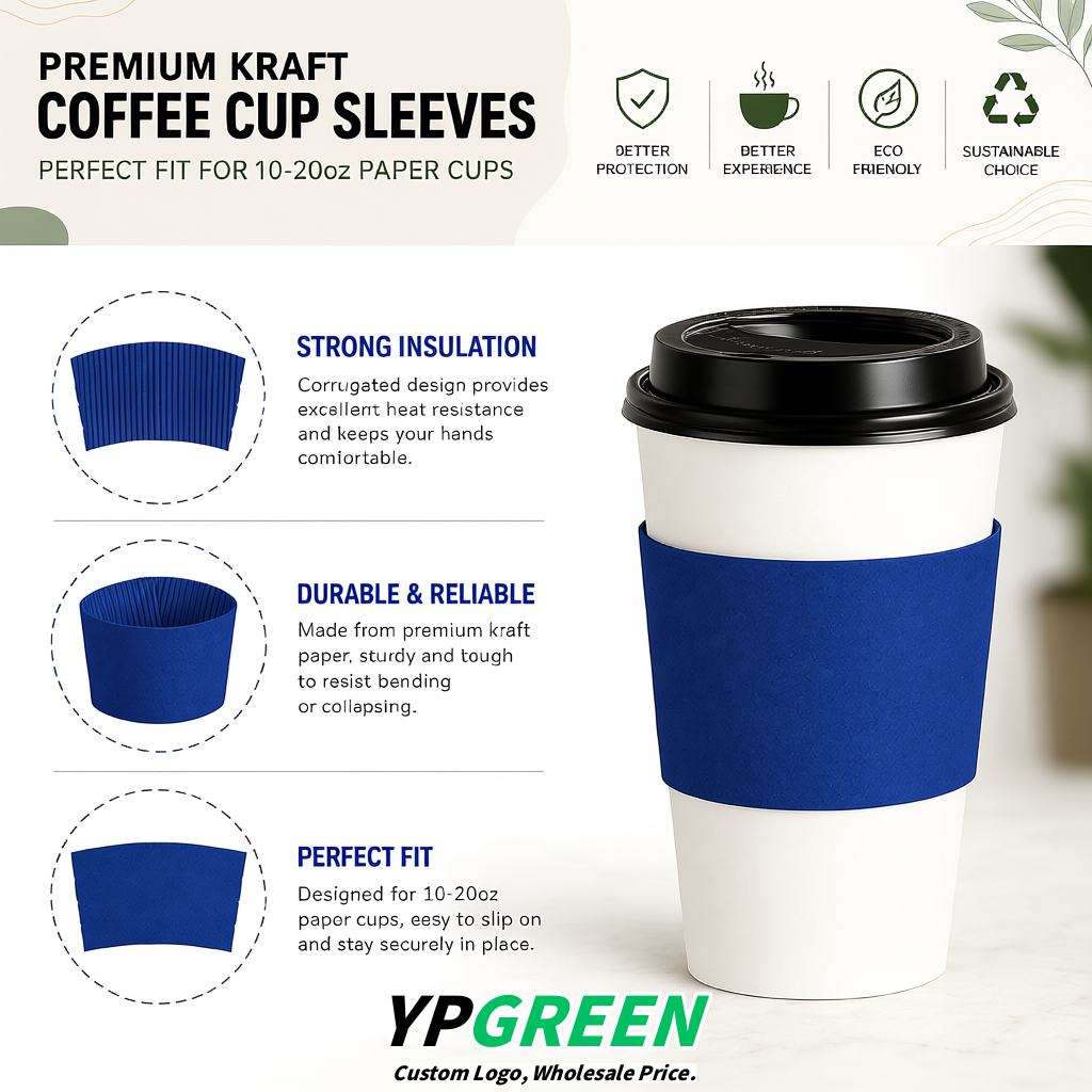 Royal Blue Kraft Paper Coffee Cup Sleeves For 10, 12, 16, 20 oz Paper & Plastic Cups Factory