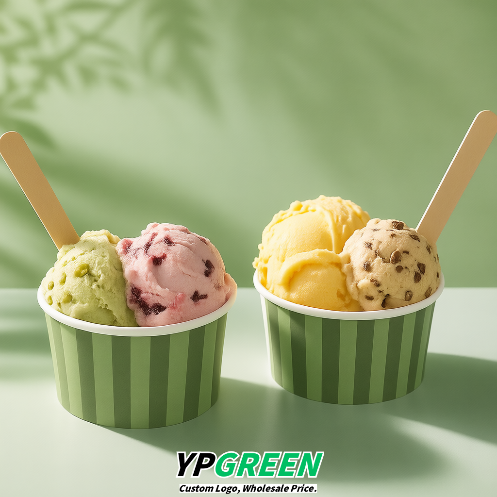 Sage Green Paper Gelato Takeaway Cup 2-10oz Disposable Ice Cream Bowls with Lids Factory