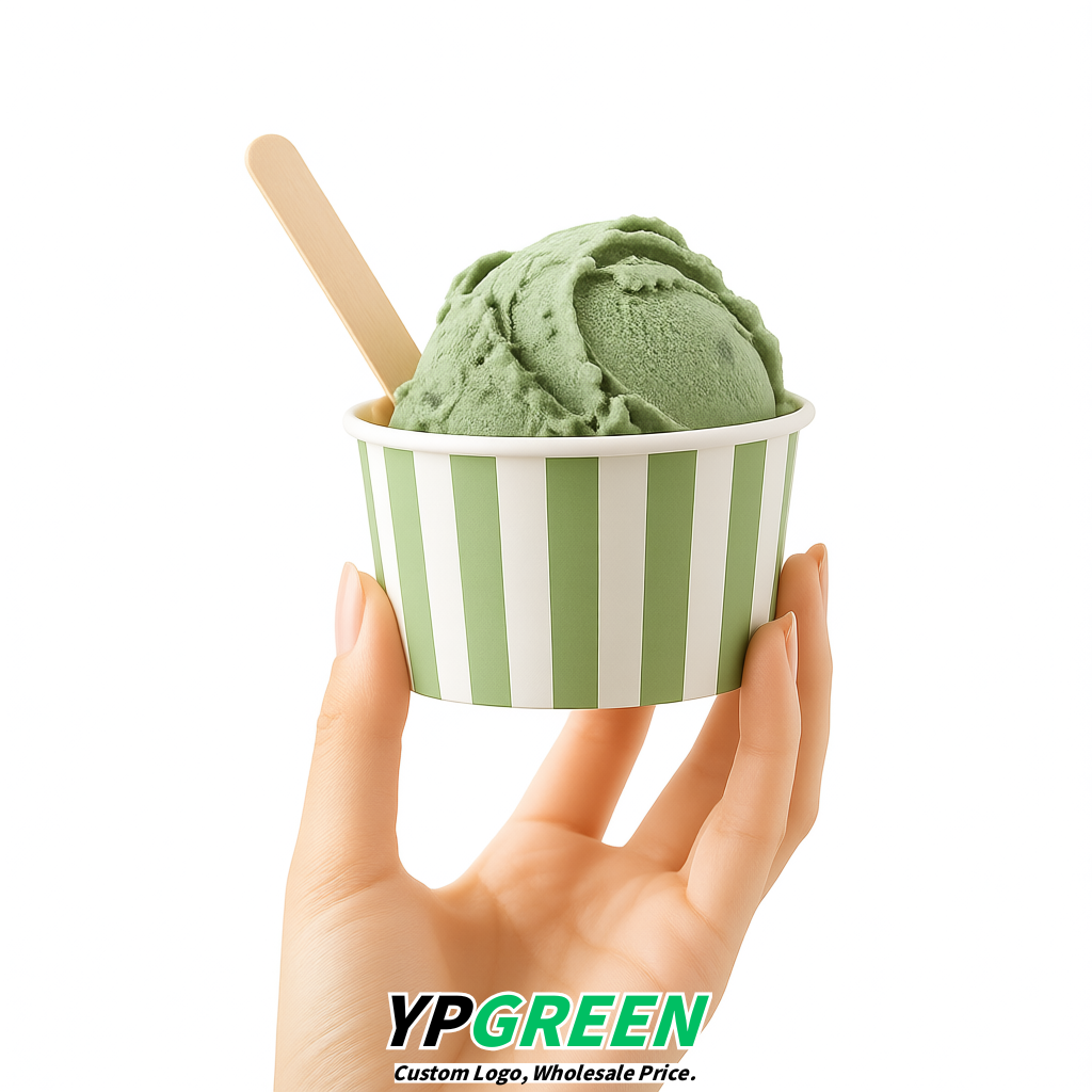 Sage Green Paper Gelato Takeaway Cup 2-10oz Disposable Ice Cream Bowls with Lids Factory