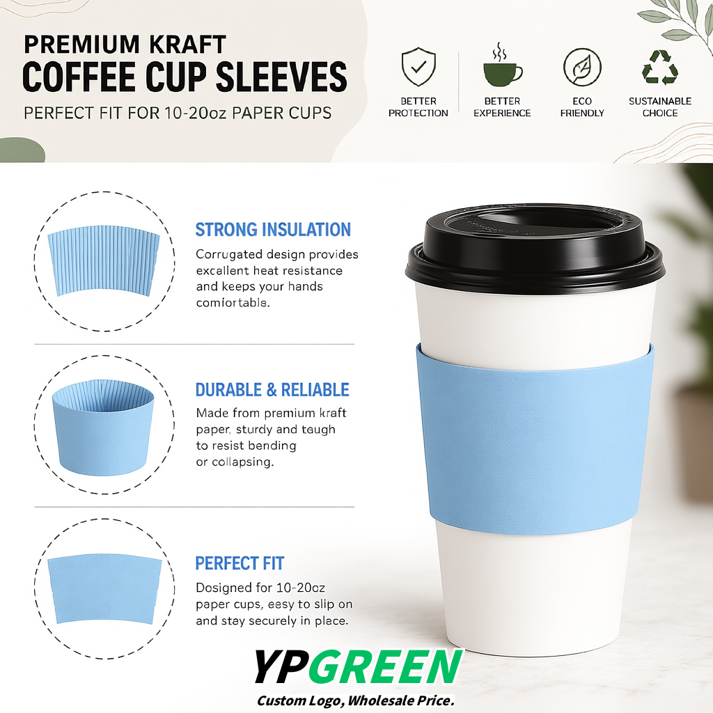 Sky Blue Kraft Paper Coffee Cup Sleeves For 10, 12, 16, 20 oz Paper & Plastic Cups Factory