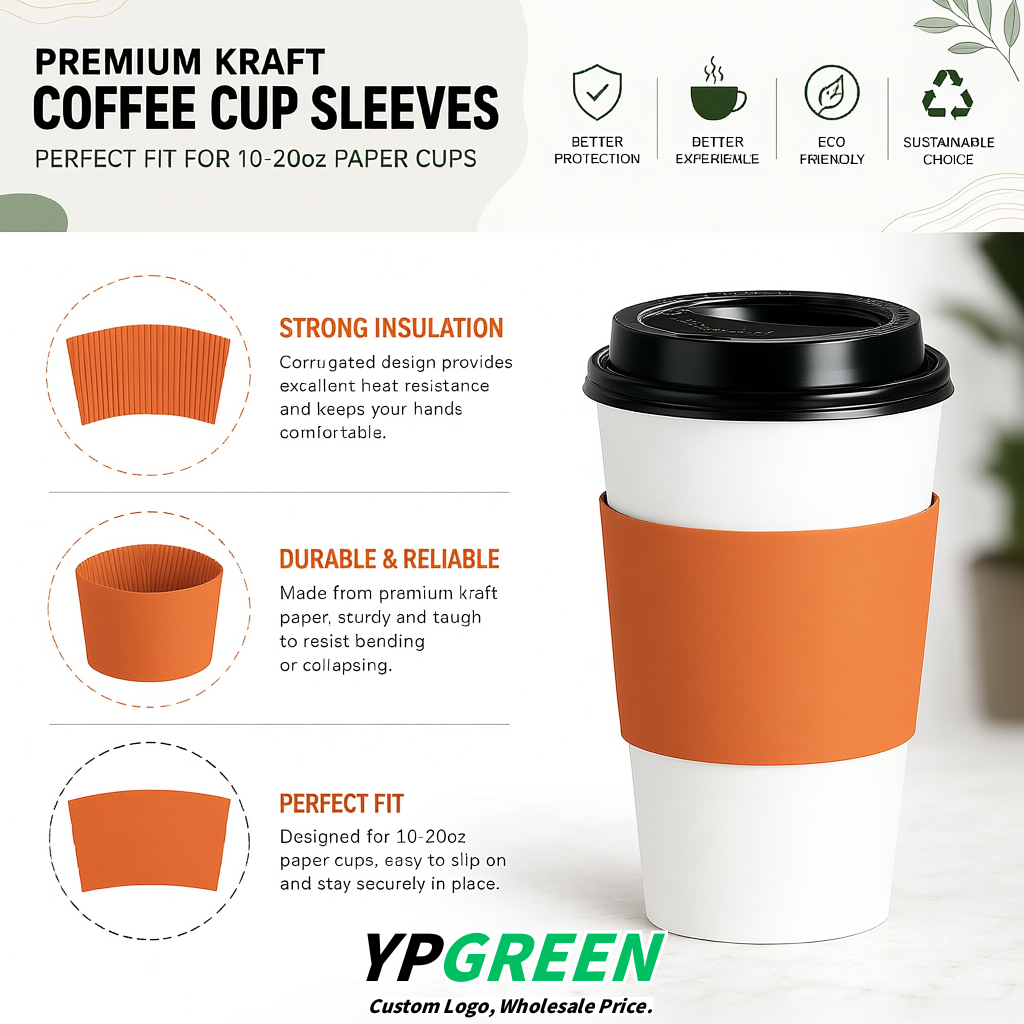 Tangerine Kraft Paper Coffee Cup Sleeves For 10, 12, 16, 20 oz Paper & Plastic Cups Factory