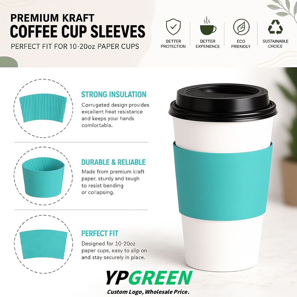 Turquoise Kraft Paper Coffee Cup Sleeves For 10, 12, 16, 20 oz Paper & Plastic Cups Factory