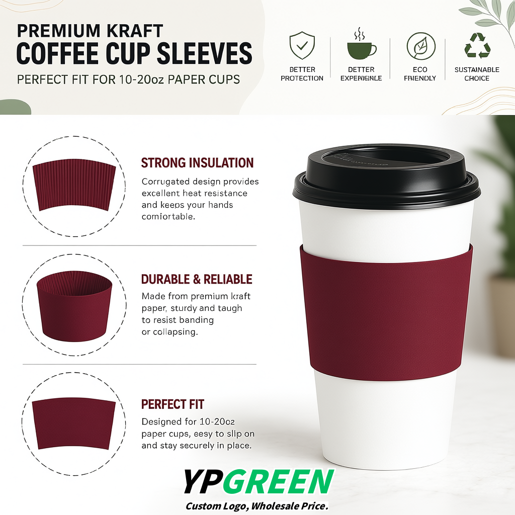 Wine Red Kraft Paper Coffee Cup Sleeves For 10, 12, 16, 20 oz Paper & Plastic Cups Factory