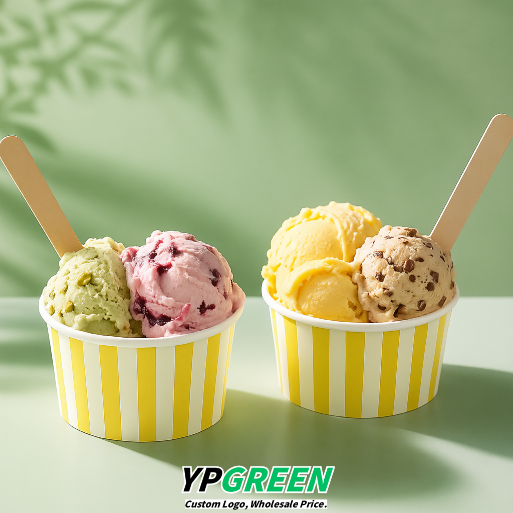 Yellow Paper Gelato Takeaway Cup 2-10oz Disposable Ice Cream Bowls with Lids Factory