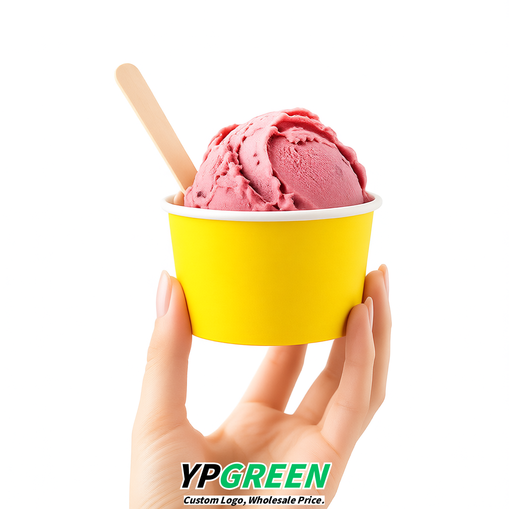 Yellow Paper Gelato Takeaway Cup 2-10oz Disposable Ice Cream Bowls with Lids Factory