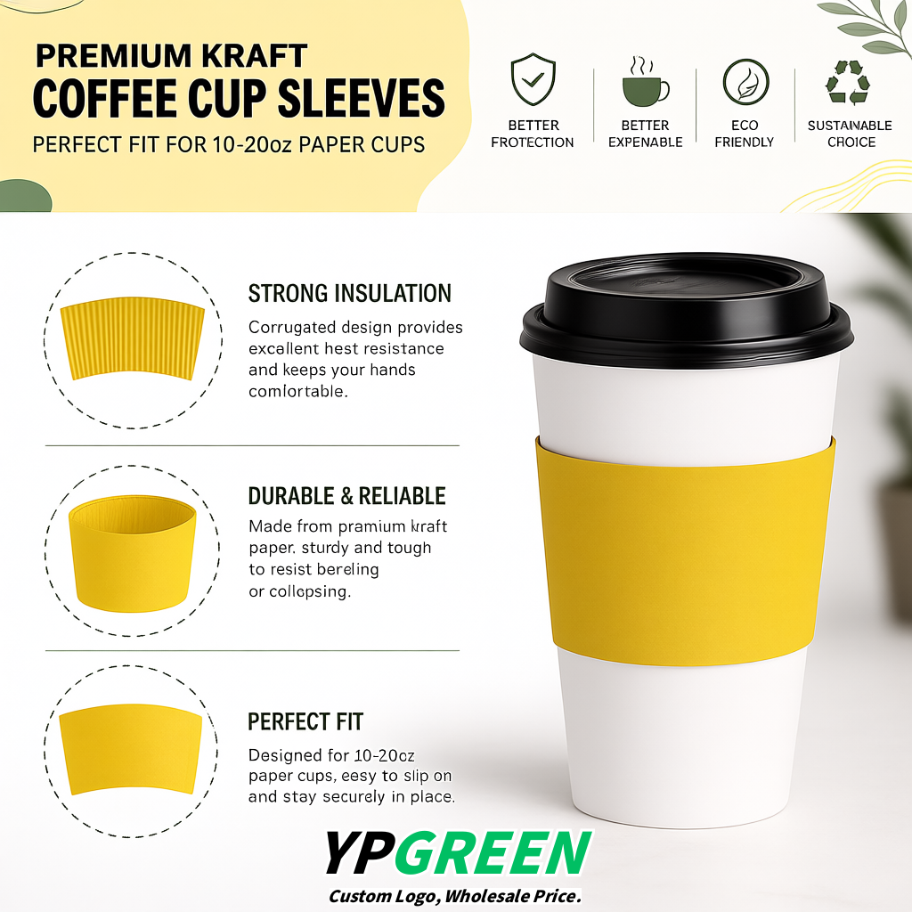 Yellow Kraft Paper Coffee Cup Sleeves For 10, 12, 16, 20 oz Paper & Plastic Cups Factory